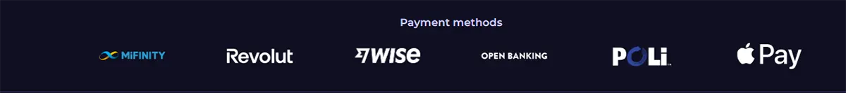 Payment methods row displaying MiFinity, Revolut, Wise, Open Banking, POLi, and Apple Pay logos on a dark blue background.